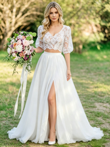 White Two Piece Lace Puff Sleeve Wedding Dress