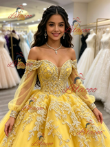 Yellow Of the Shoulder Appliques Quinceanera Dress