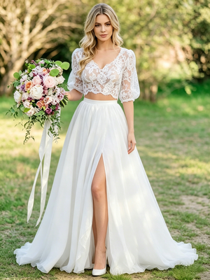 White Two Piece Lace Puff Sleeve Wedding Dress