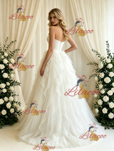 Beige White Tulle Strapless Pleats Wedding Dress