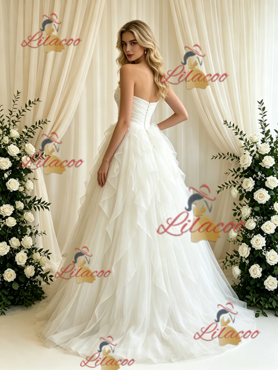 Beige White Tulle Strapless Pleats Wedding Dress