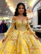 Yellow Of the Shoulder Appliques Quinceanera Dress