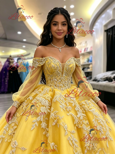 Yellow Of the Shoulder Appliques Quinceanera Dress