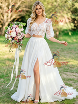 White Two Piece Lace Puff Sleeve Wedding Dress