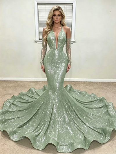 Green Mermaid Sequins Long Sleeve Prom Dress