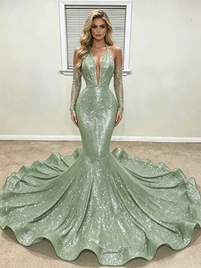 Green Mermaid Sequins Long Sleeve Prom Dress