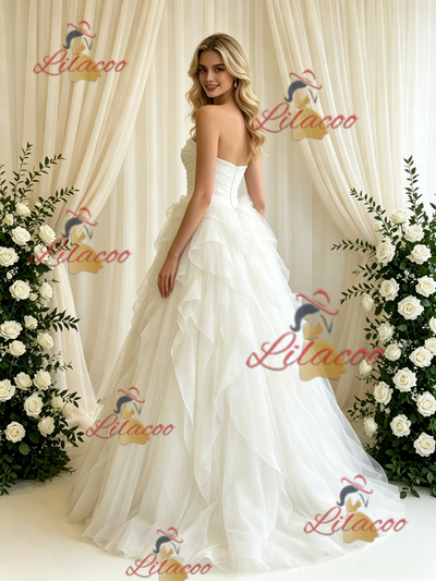 Beige White Tulle Strapless Pleats Wedding Dress