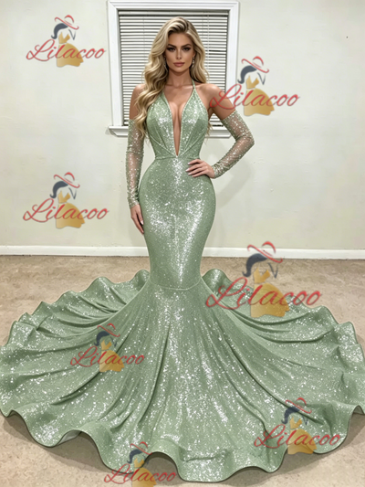 Green Mermaid Sequins Long Sleeve Prom Dress