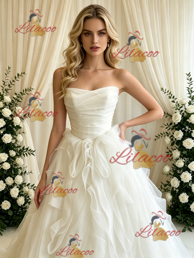 Beige White Tulle Strapless Pleats Wedding Dress