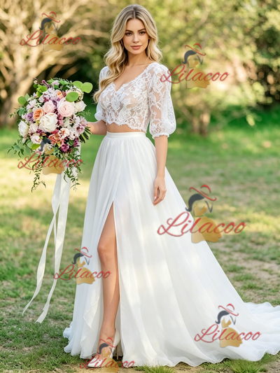 White Two Piece Lace Puff Sleeve Wedding Dress