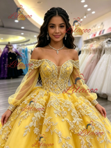 Yellow Of the Shoulder Appliques Quinceanera Dress