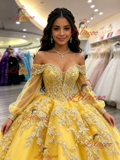 Yellow Of the Shoulder Appliques Quinceanera Dress