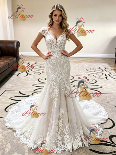 White Mermaid V-neck Lace Wedding Dress