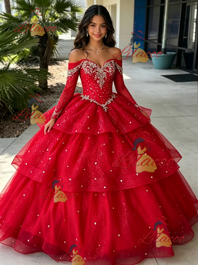 Red Tulle Long Sleeve Beading Quinceanera Dress