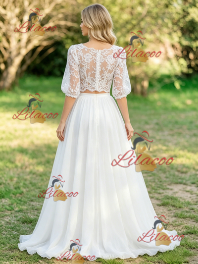 White Two Piece Lace Puff Sleeve Wedding Dress
