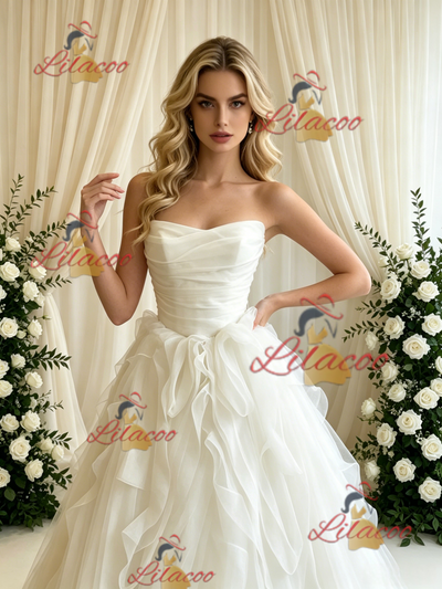 Beige White Tulle Strapless Pleats Wedding Dress