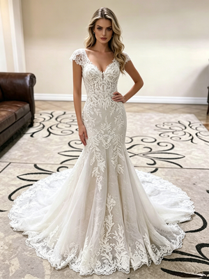 White Mermaid V-neck Lace Wedding Dress