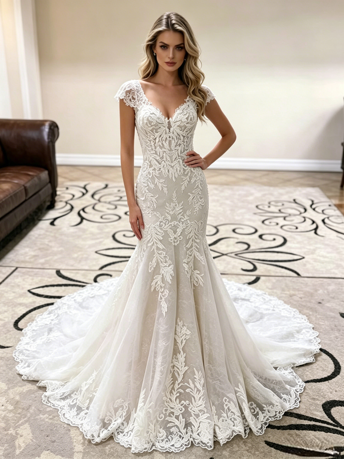 White Mermaid V-neck Lace Wedding Dress