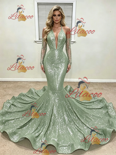 Green Mermaid Sequins Long Sleeve Prom Dress