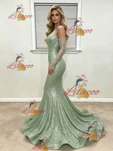 Green Mermaid Sequins Long Sleeve Prom Dress