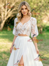 White Two Piece Lace Puff Sleeve Wedding Dress