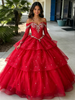 Red Tulle Long Sleeve Beading Quinceanera Dress