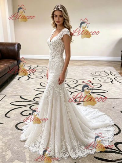 White Mermaid V-neck Lace Wedding Dress