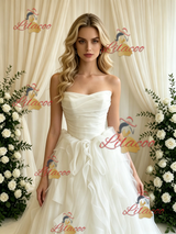 Beige White Tulle Strapless Pleats Wedding Dress