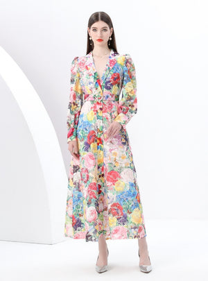 Long Sleeve Lace Floral Print Long Dress