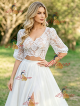 White Two Piece Lace Puff Sleeve Wedding Dress