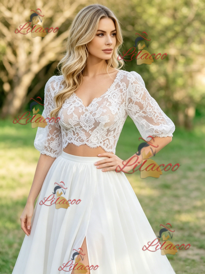 White Two Piece Lace Puff Sleeve Wedding Dress