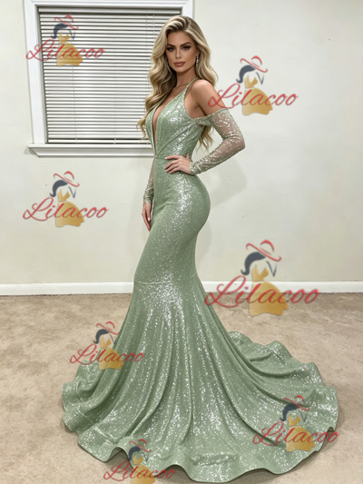 Green Mermaid Sequins Long Sleeve Prom Dress