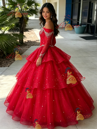 Red Tulle Long Sleeve Beading Quinceanera Dress