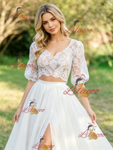 White Two Piece Lace Puff Sleeve Wedding Dress