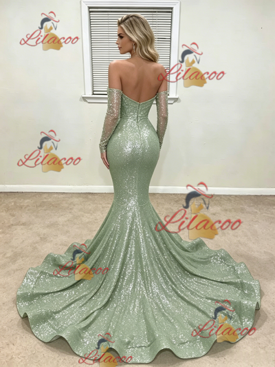 Green Mermaid Sequins Long Sleeve Prom Dress