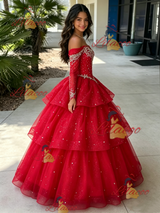 Red Tulle Long Sleeve Beading Quinceanera Dress