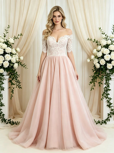 Pink Tulle Lace Short Sleeve Wedding Dress