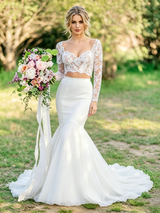 White Mermaid Lace Long Sleeve Wedding Dress