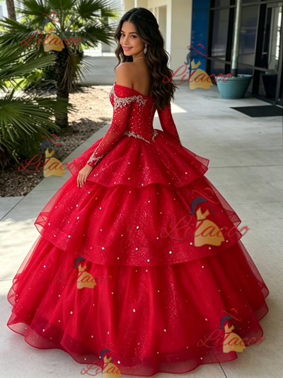 Red Tulle Long Sleeve Beading Quinceanera Dress