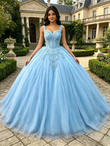 Blue Tulle Straps Appliques Quinceanera Dress
