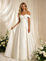 Beige White Satin Off the Shoulder Wedding Dress