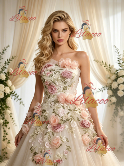 Ivory Tulle One Shoulder Appliques Wedding Dress