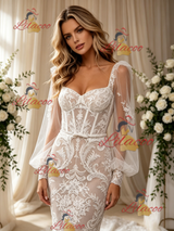 White Mermaid Tulle Lace Long Sleeve Wedding Dress