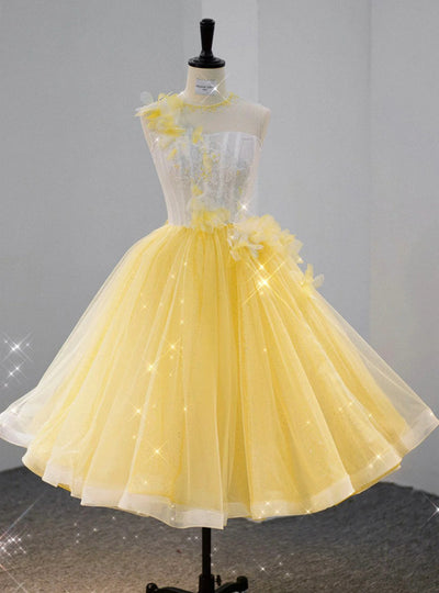 Yellow Tulle Lace Flower Homecoming Dress