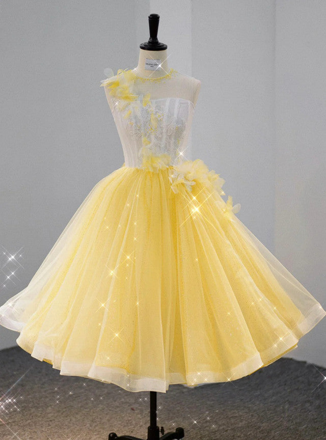 Yellow Tulle Lace Flower Homecoming Dress