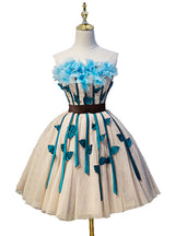 Champagne Tulle Strapless Flower Homecoming Dress