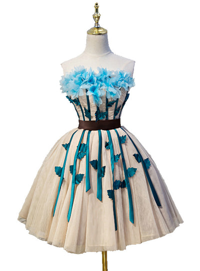 Champagne Tulle Strapless Flower Homecoming Dress