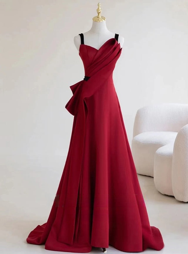 Burgundy Satin Straps Pleats Prom Dress
