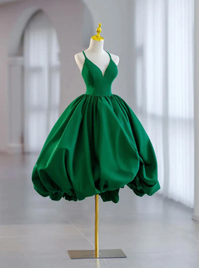 Green Satin Spaghetti Straps Prom Dress
