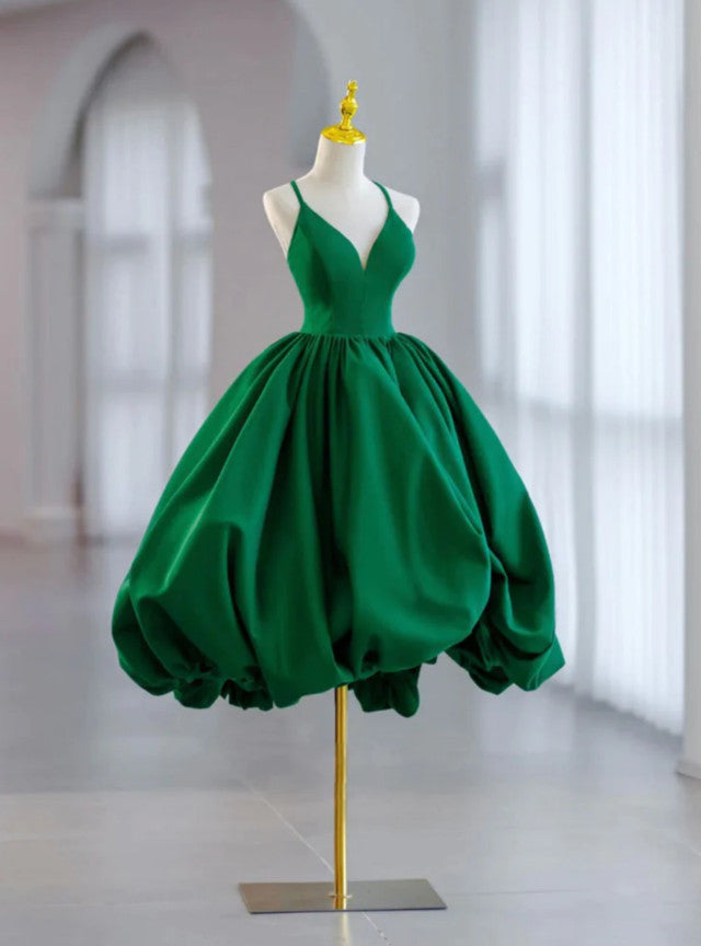 Green Satin Spaghetti Straps Prom Dress